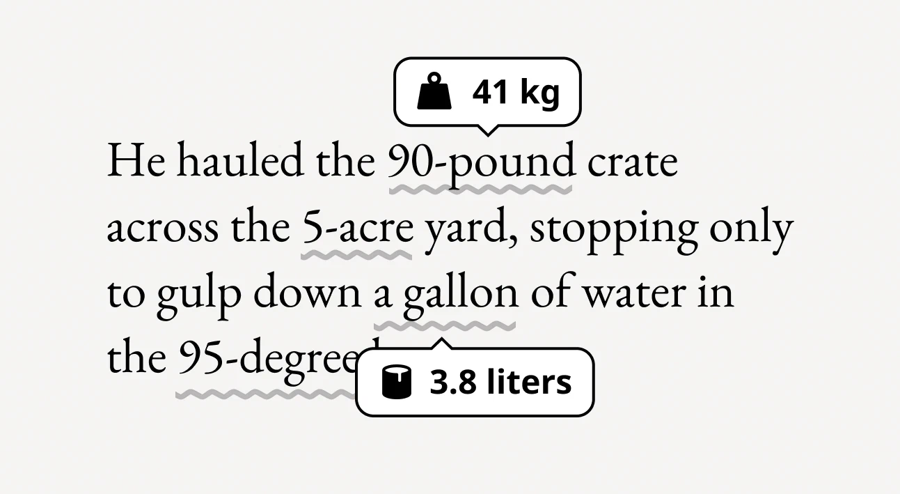 Captura de tela de um texto onde um pop-up mostra a conversão de valores imperiais para métricos FootCream Plugin Screenshot
