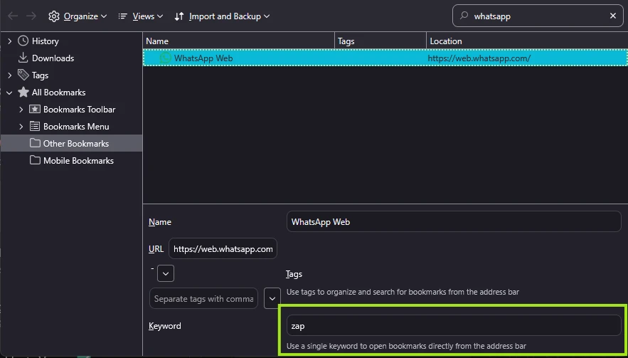 Captura de tela do editor de favoritos do Firefox